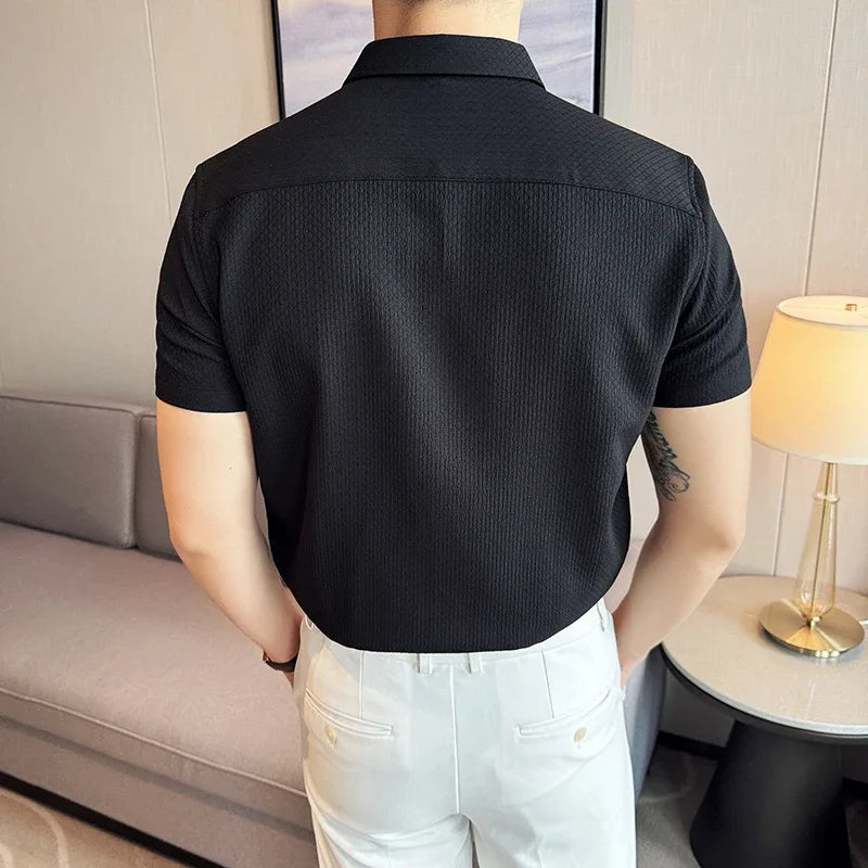 Men Waffle Shirt Short Sleeved 2024 Summer New British Style Business Non Ironing Solid Color Casual Slim Fit Shirt Men Clothing
