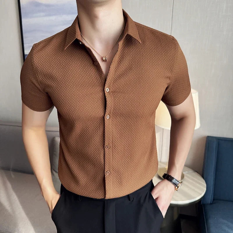 Men Waffle Shirt Short Sleeved 2024 Summer New British Style Business Non Ironing Solid Color Casual Slim Fit Shirt Men Clothing