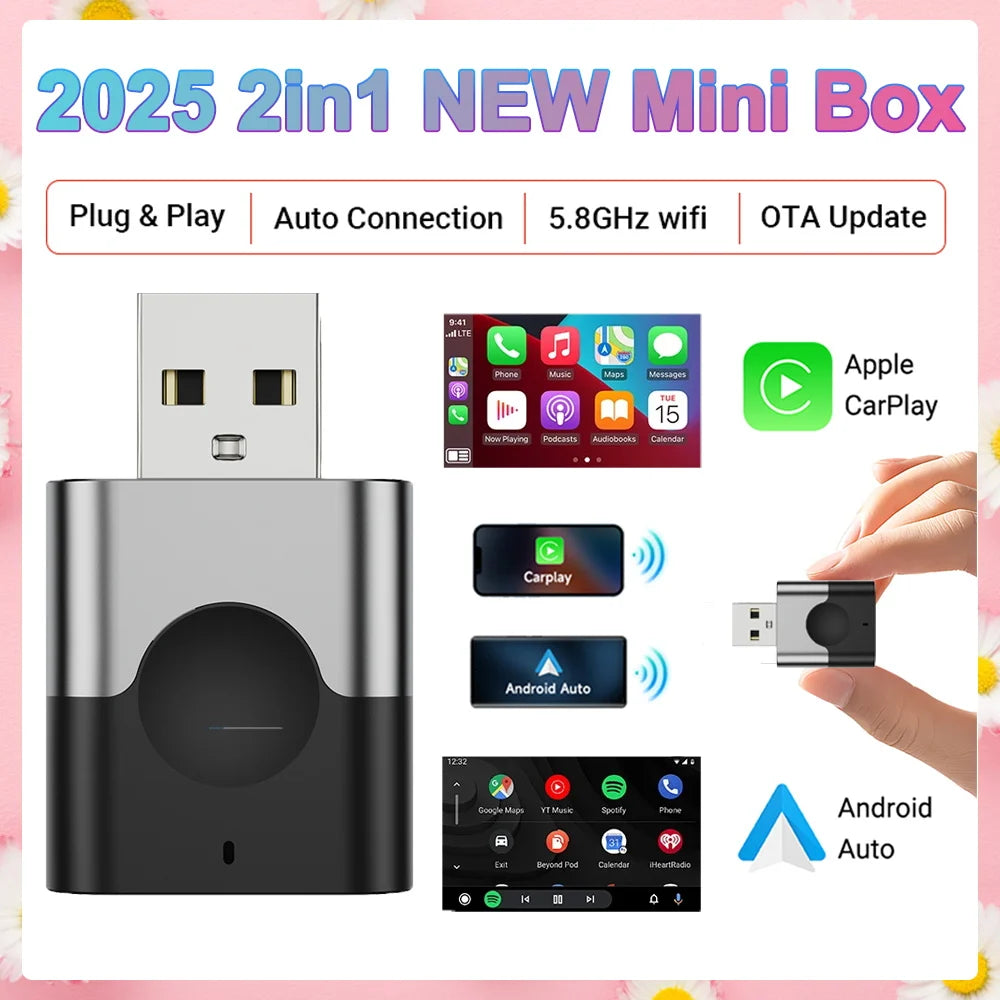 2025 NEW 2in1 Wired To Wireless CarPlay Mini Box Android Auto Adapter Smart box BlueTooth WiFi Connect Plug&Play Universal Mini