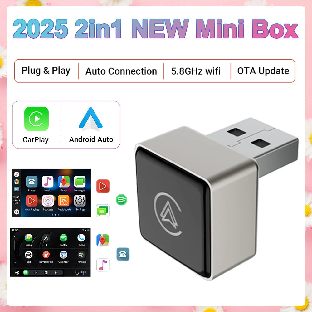 2025 NEW 2in1 Wired To Wireless CarPlay Mini Box Android Auto Adapter Smart box BlueTooth WiFi Connect Plug&Play Universal Mini