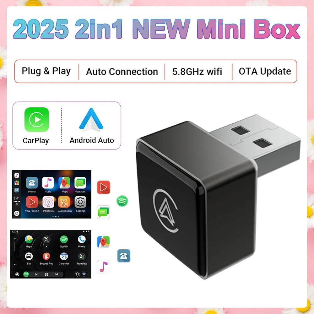 2025 NEW 2in1 Wired To Wireless CarPlay Mini Box Android Auto Adapter Smart box BlueTooth WiFi Connect Plug&Play Universal Mini