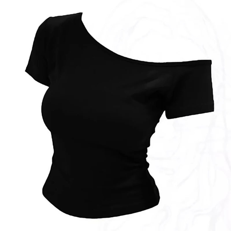 Summer Off shoulder Top Women Slim fit Body Summer  Short sleeve T shirt One shoulder Female Sexy Basic Tees Korean Chic