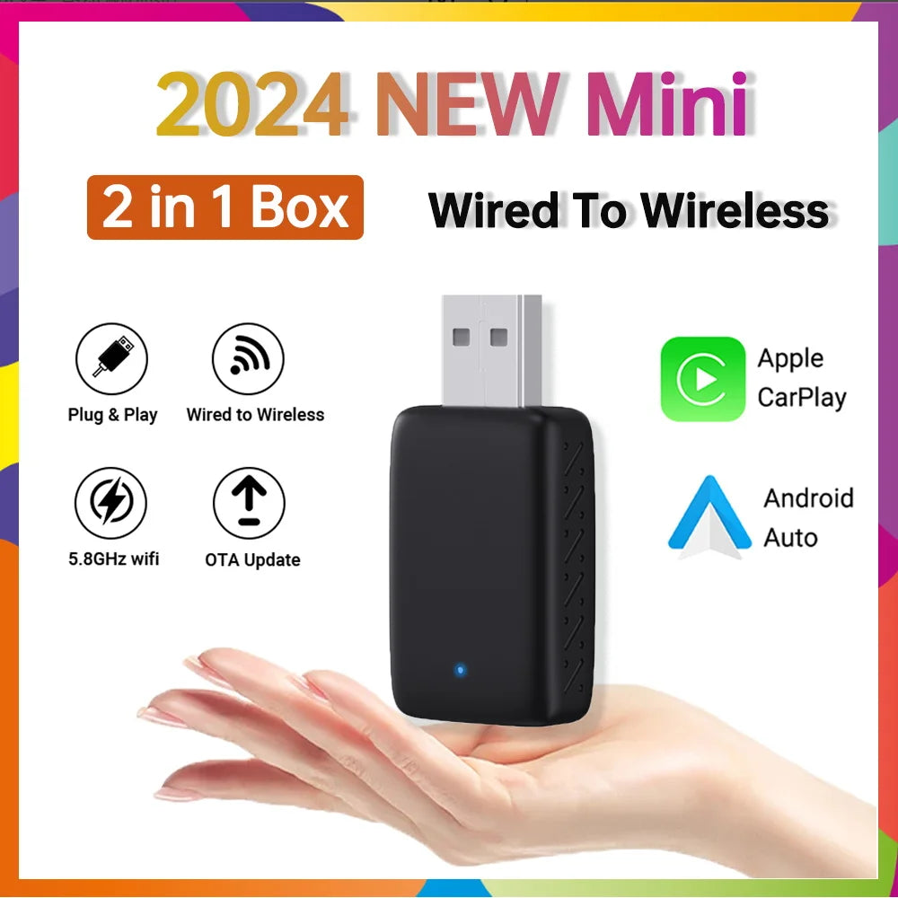 2025 NEW 2in1 Wired To Wireless CarPlay Mini Box Android Auto Adapter Smart box BlueTooth WiFi Connect Plug&Play Universal Mini