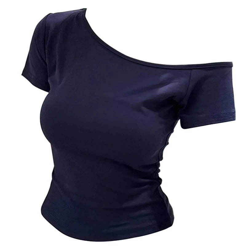 Summer Off shoulder Top Women Slim fit Body Summer  Short sleeve T shirt One shoulder Female Sexy Basic Tees Korean Chic