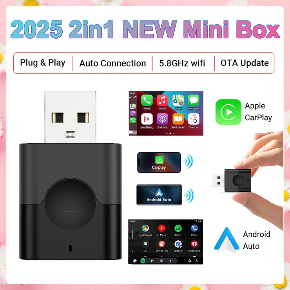 2025 NEW 2in1 Wired To Wireless CarPlay Mini Box Android Auto Adapter Smart box BlueTooth WiFi Connect Plug&Play Universal Mini